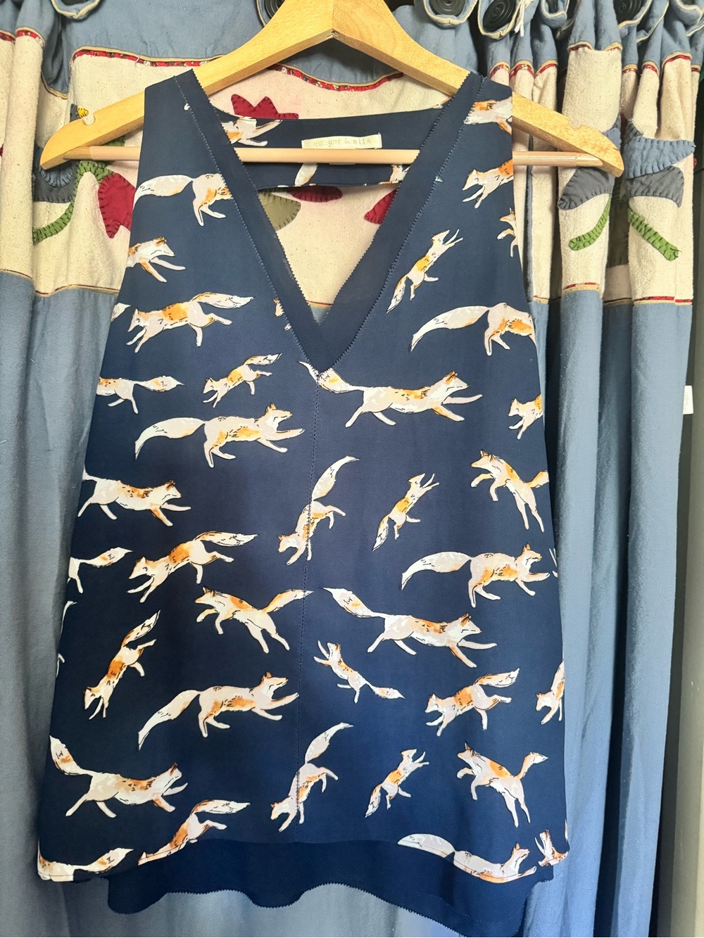 Navy Fox Print Sleeveless V-Neck Blouse